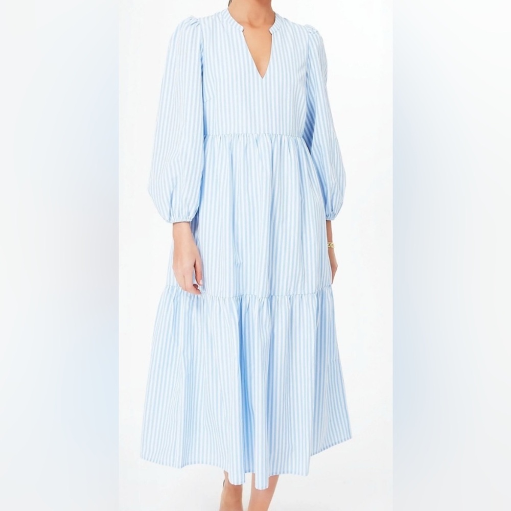 Tuckernuk Pomander Place Light Blue and White Striped Maxi Dress